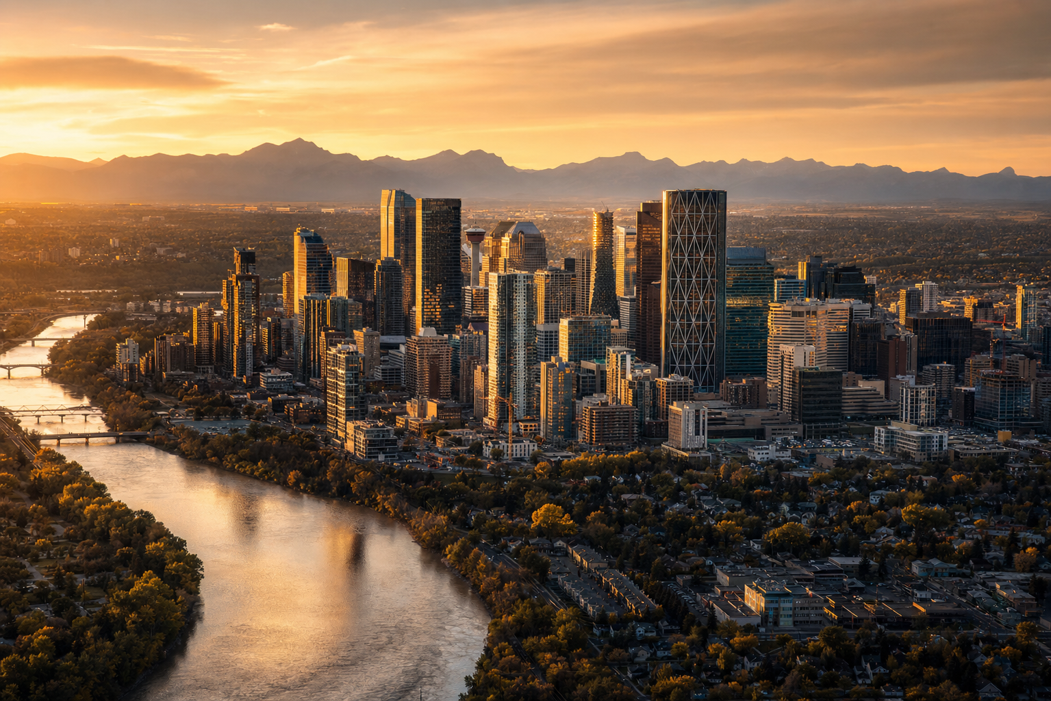 Aerial view of the Calgary skyline and Bow River at golden hour with the Rocky Mountains on the horizon